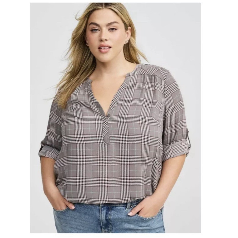 NWT Torrid Harper Gray Plaid Georgette 3/4 Sleeve Pullover Blouse Size 4X Office